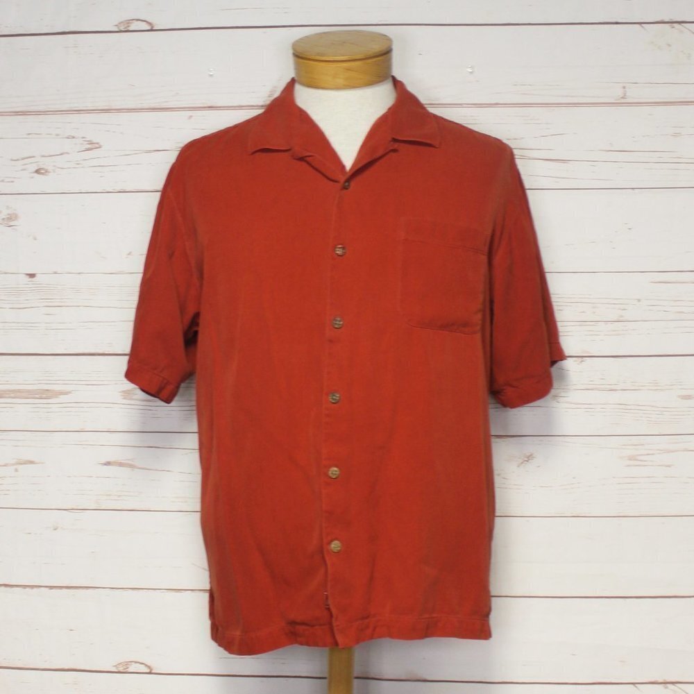 Tommy Bahama Casual Button‎ Down 100% Silk Shirt Large Red Orange Short Sleeve